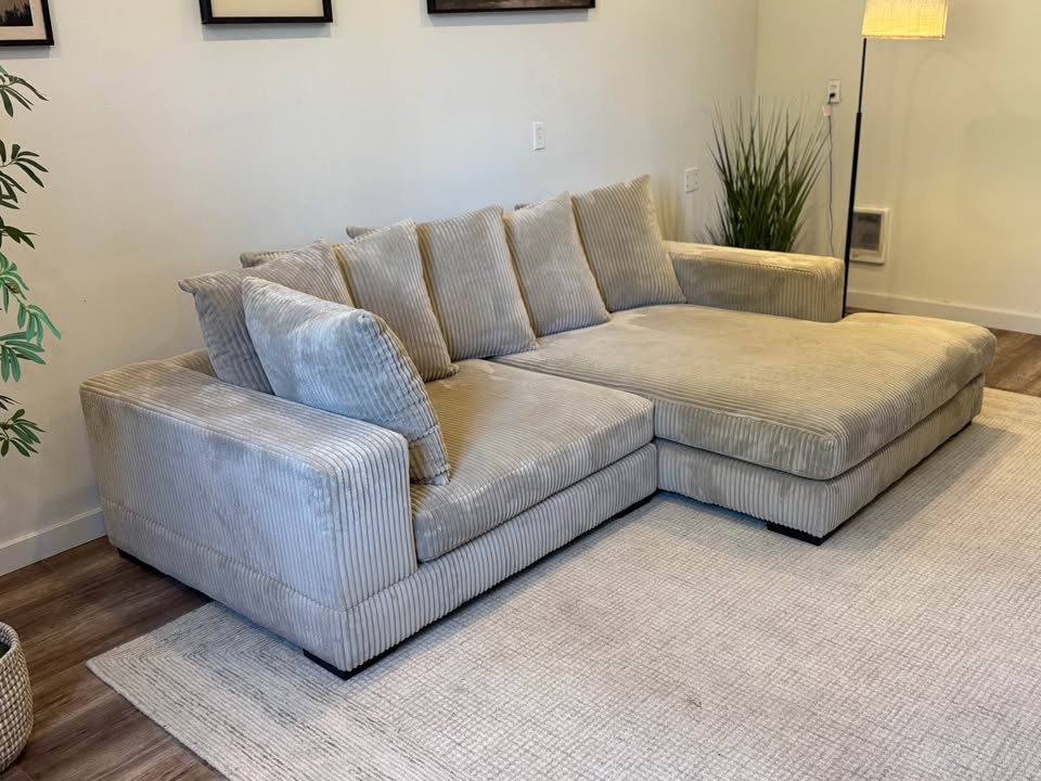 Beige corduroy sectional couch delivery available