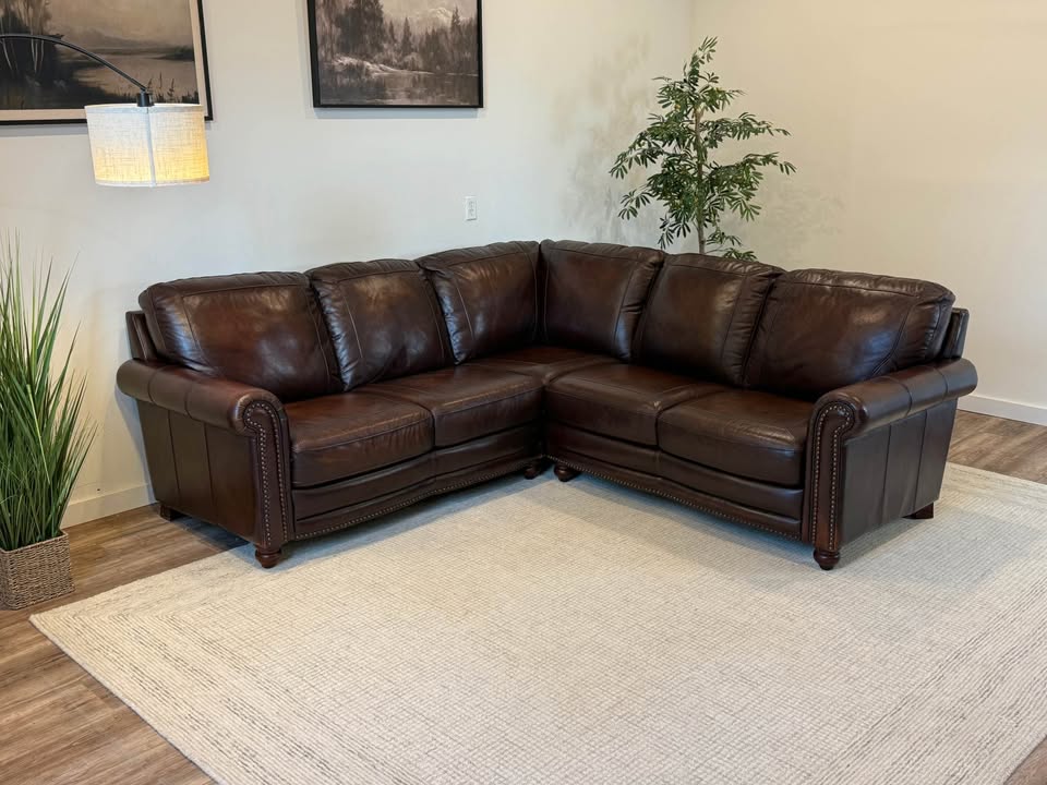 Dark brown Bassett top grain leather sectional delivery available