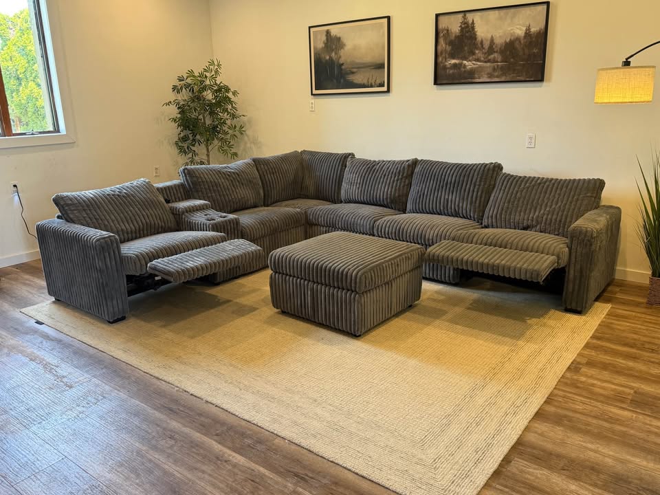 Gray corduroy electric recliner sectional couch delivery available