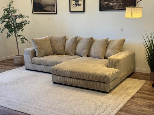 Beige corduroy sectional couch delivery available