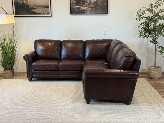 Dark brown Bassett top grain leather sectional delivery available