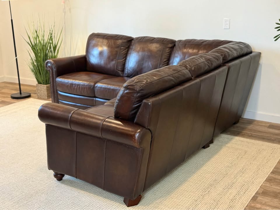 Dark brown Bassett top grain leather sectional delivery available