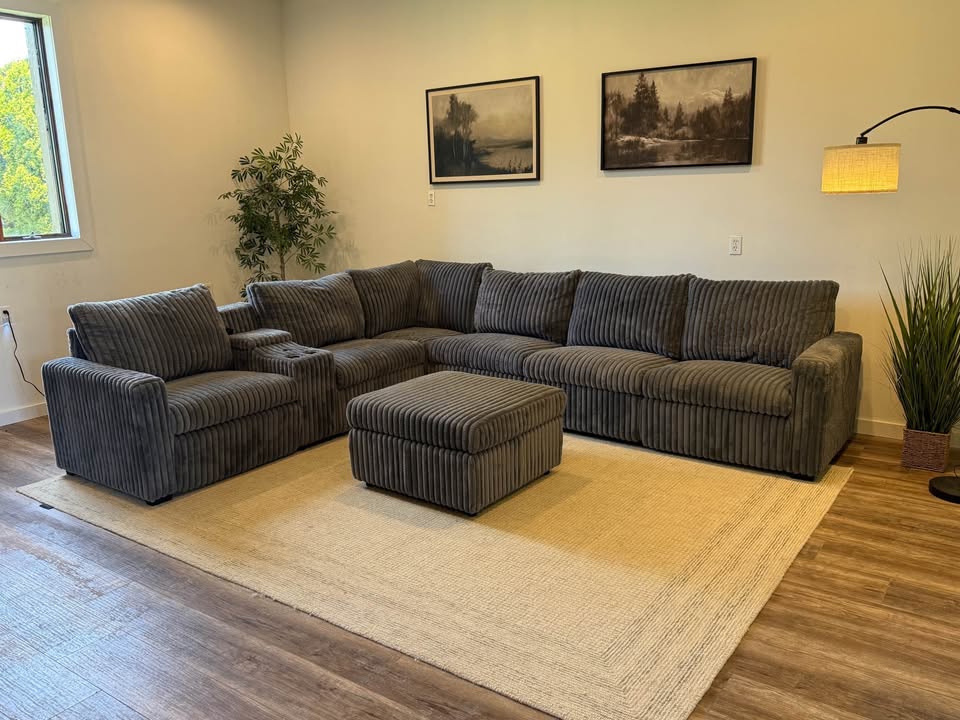 Gray corduroy electric recliner sectional couch delivery available