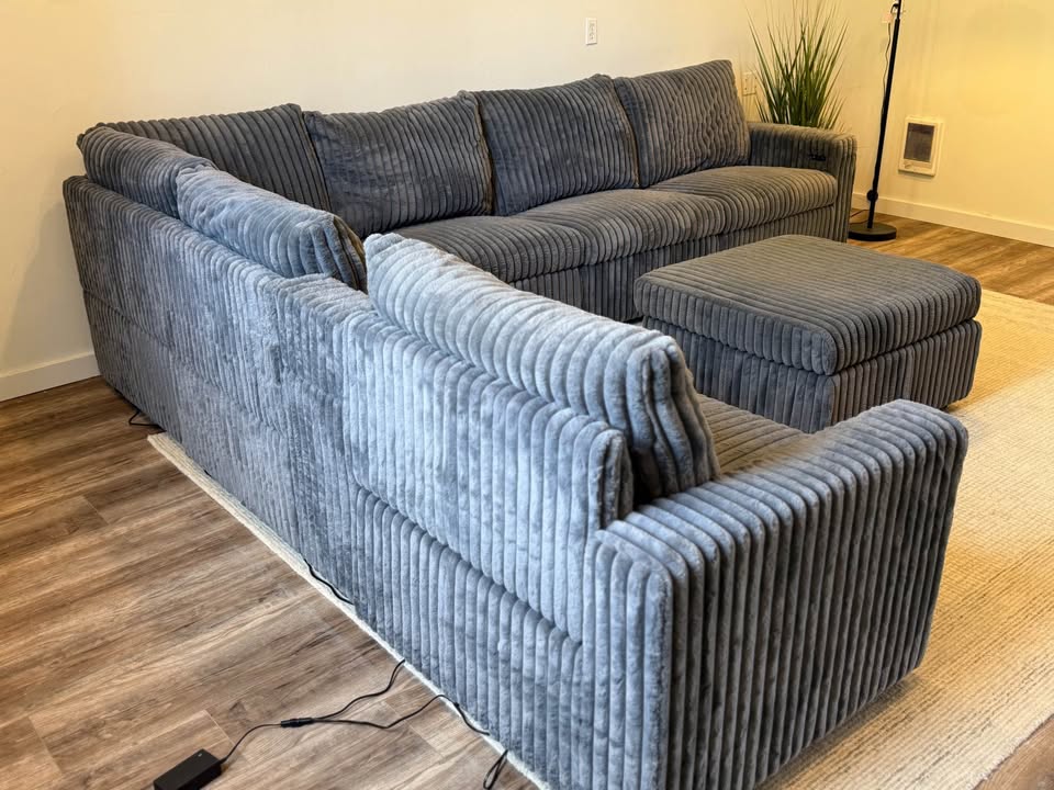 Gray corduroy electric recliner sectional couch delivery available