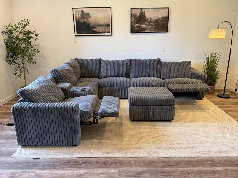 Gray corduroy electric recliner sectional couch delivery available