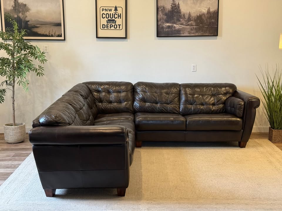 Sheldon’s dark brown leather sectional couch delivery available