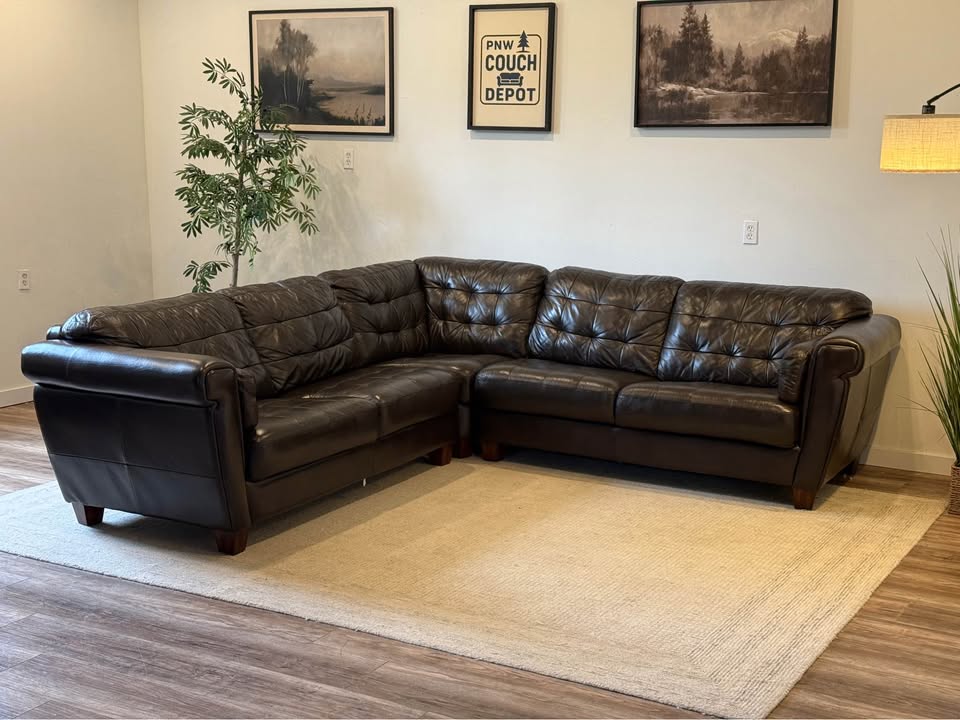 Sheldon’s dark brown leather sectional couch delivery available